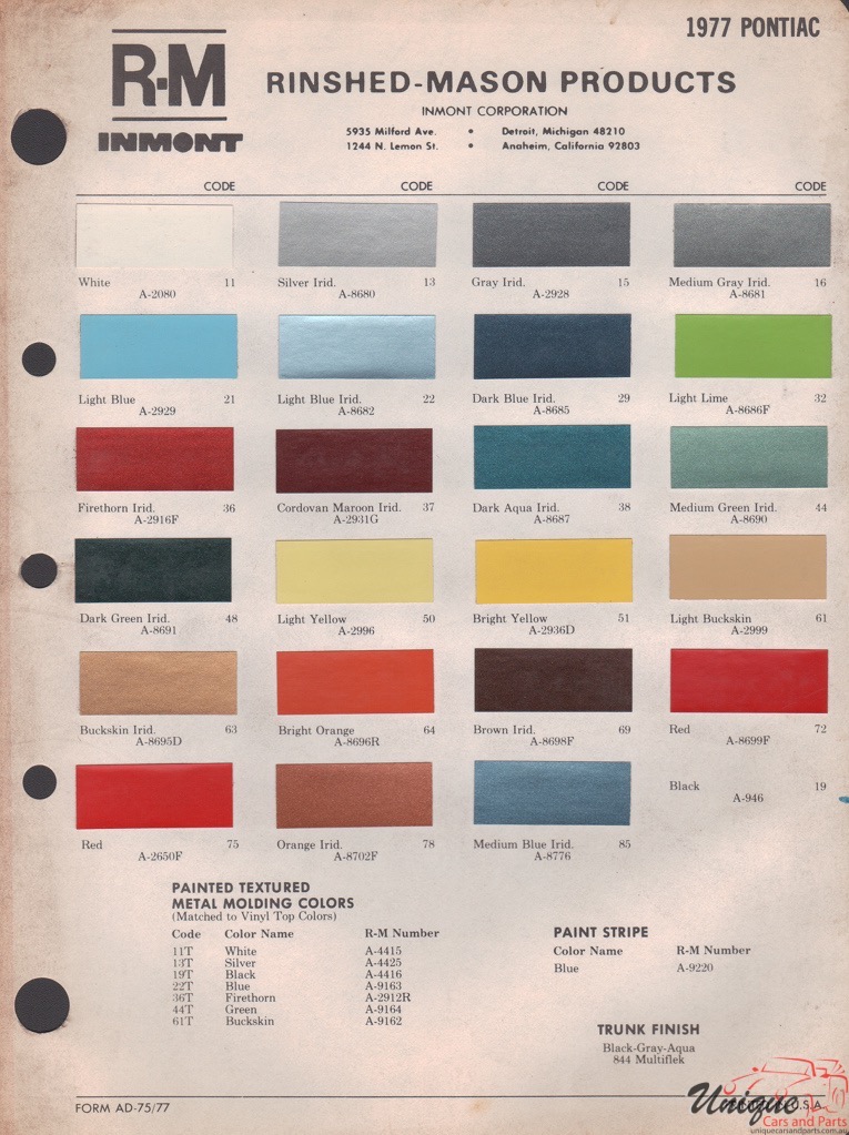 1977 Pontiac Paint Charts RM 1